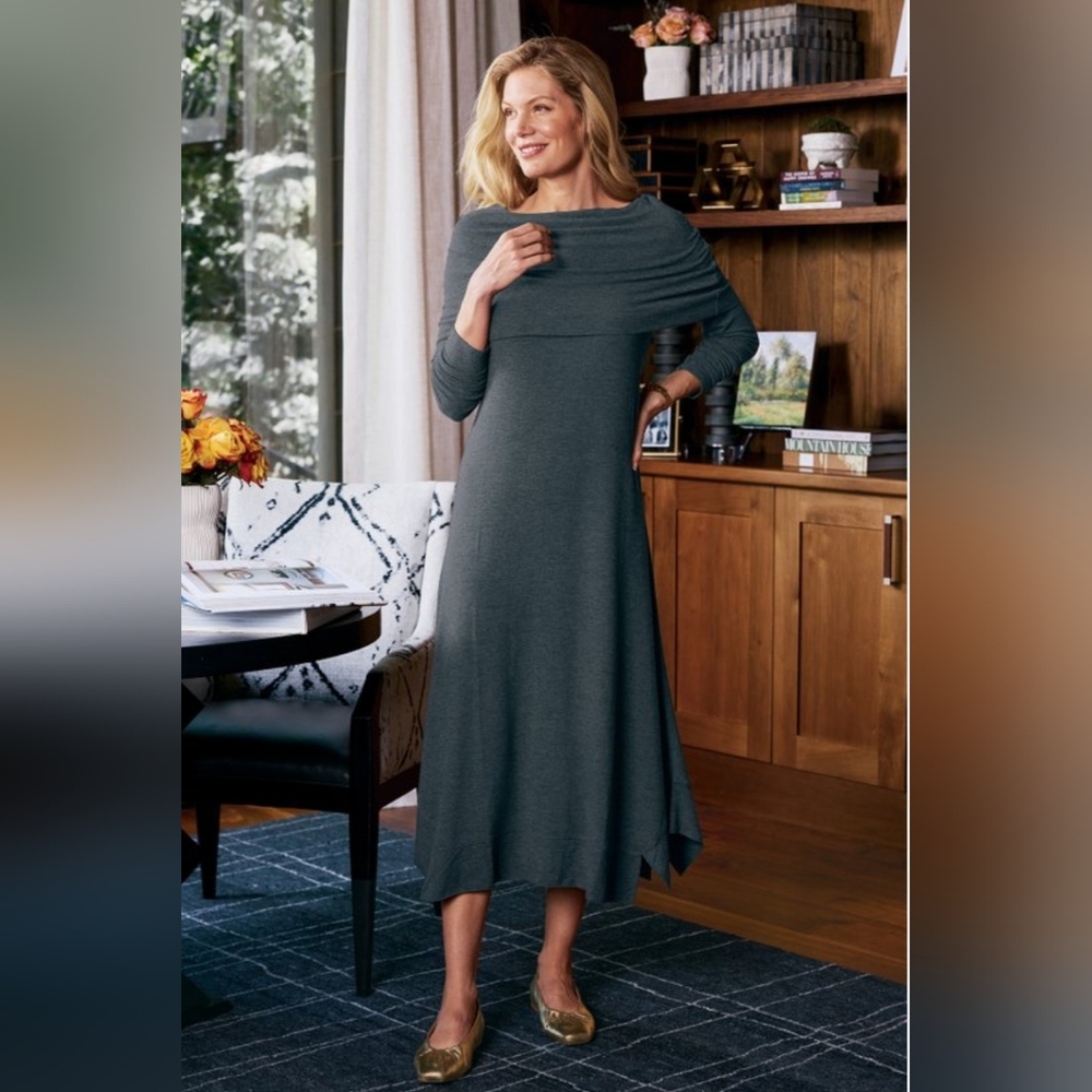 Soft Surroundings Teal Blue Cowl Neck Long Sleeve Dress Size L